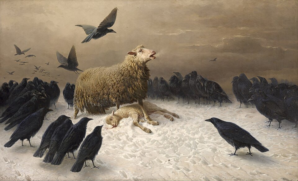Anguish by August Friedrich Schenck, a ewe in snow surrounded by crows