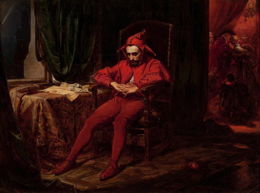 Stańczyk by Jan Matejko, the court jester seated alone in red